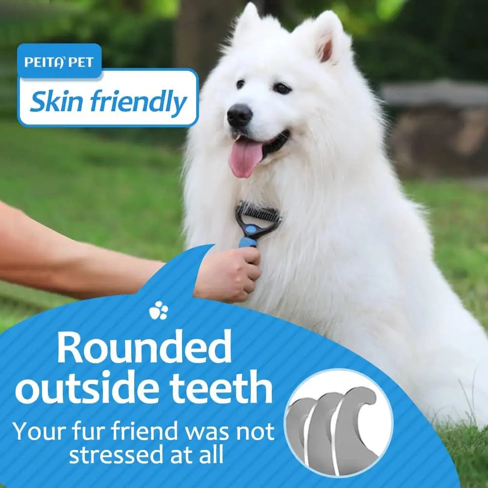 A fluffy white dog is being groomed with a brush, highlighting skin-friendly care and rounded outside teeth.