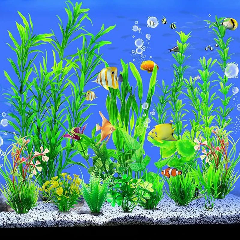 A vibrant display of artificial green water grass and aquatic plants for a fish tank.