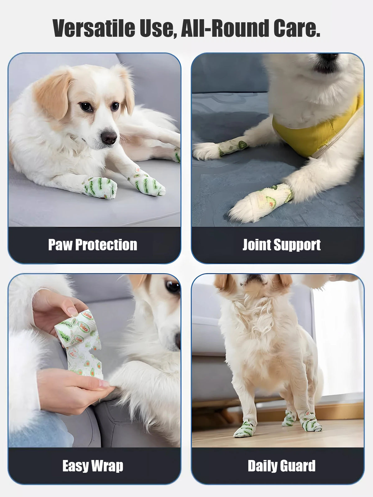 A self-adhesive dog paw protector bandage shown in various uses including joint support, daily guarding, and easy wrapping.