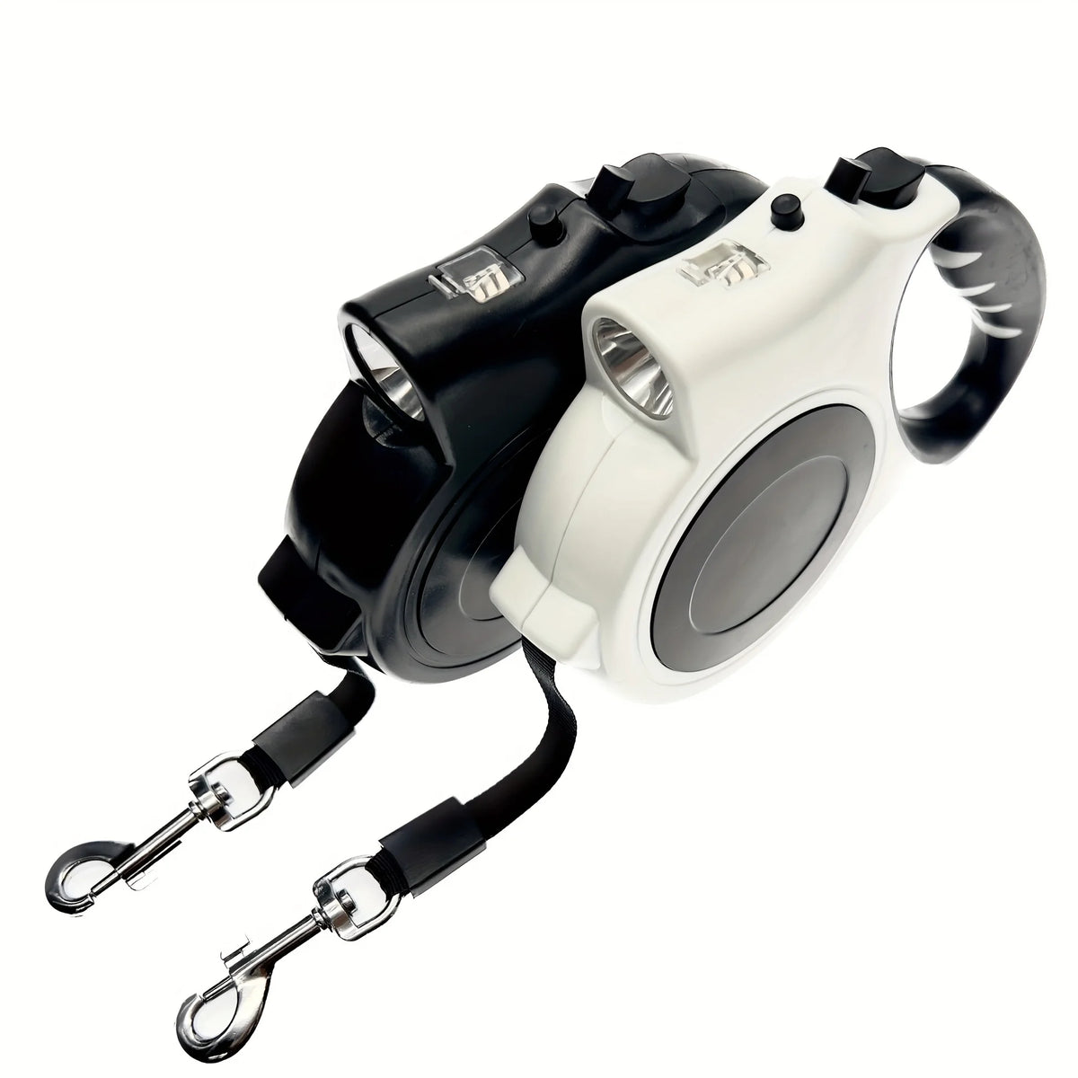 A white and black illuminated retractable dog leash with a reflective nylon cord.