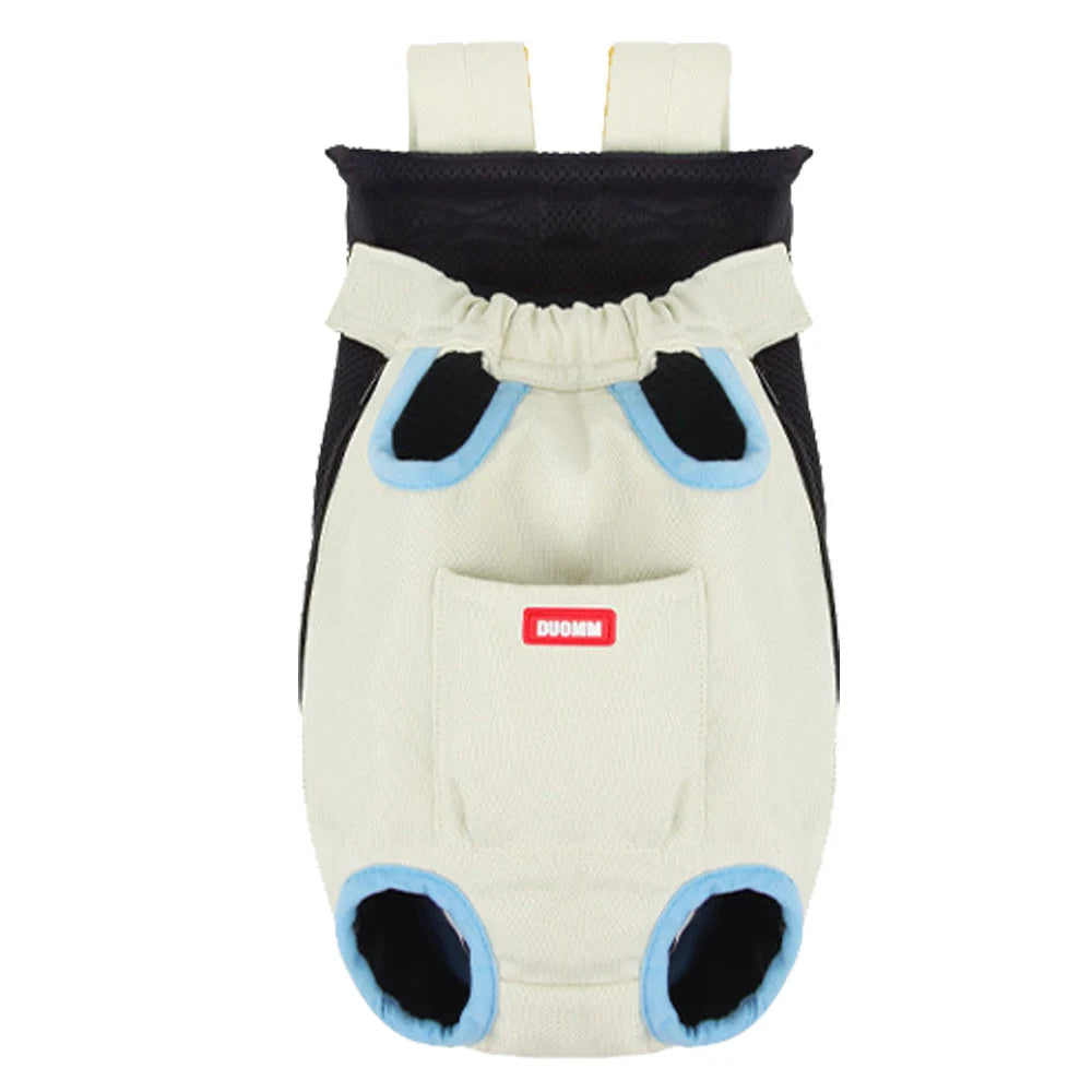 A beige cycling walking pet carrier for cats with black and light blue accents.