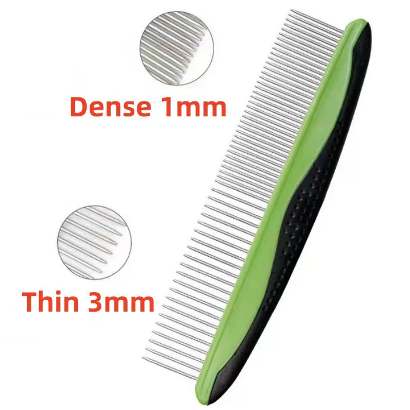 Stainless steel pet grooming comb with adjustable teeth shown in various thicknesses