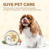 A dog with a long coat is shown next to a jar of GJYE Pet Paw & Nose Balm.