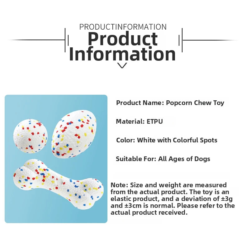White and colorful spotted popcorn chew toy for dogs, shown as a ball and bone shape.