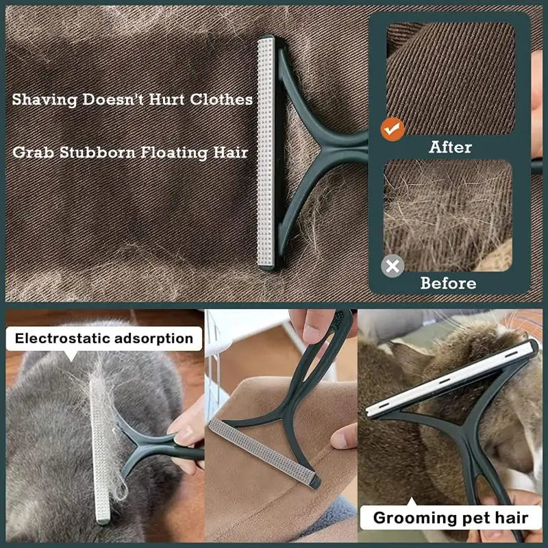 Silicone double-sided pet hair and lint remover demonstrating its use on clothing and pet hair.