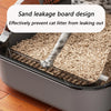 A semi-enclosed cat litter box with high sides and a splash guard, showing sand leakage prevention design.