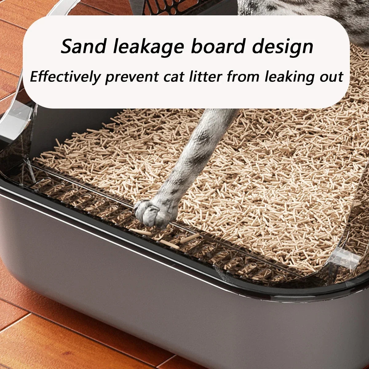 A semi-enclosed cat litter box with high sides and a splash guard, showing sand leakage prevention design.