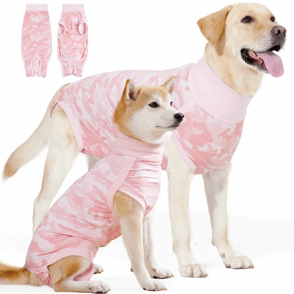 Ein Golden Retriever mit einem rosa Tarn-Hundwest, dazu passende Stoffmuster