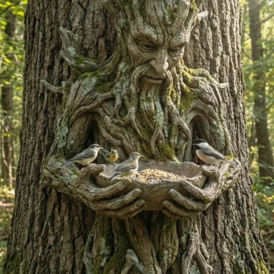A resin tree hugger feeder shaped like a tree trunk holds small birds in an outdoor garden setting.