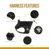 Diagram showing features of a black tactical dog harness including handle, ID patch panel, and breathable mesh lining.