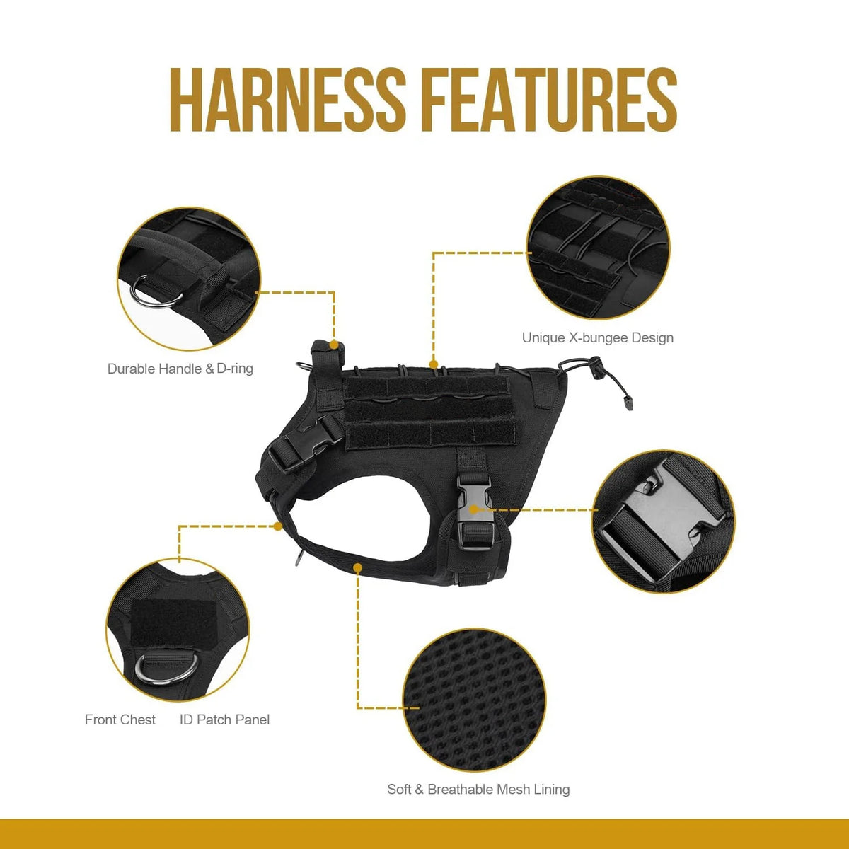 Diagram showing features of a black tactical dog harness including handle, ID patch panel, and breathable mesh lining.
