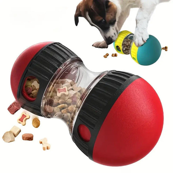 A red automatic pet slow feeder dispenser is shown with food inside and a dog interacting with the feeder.
