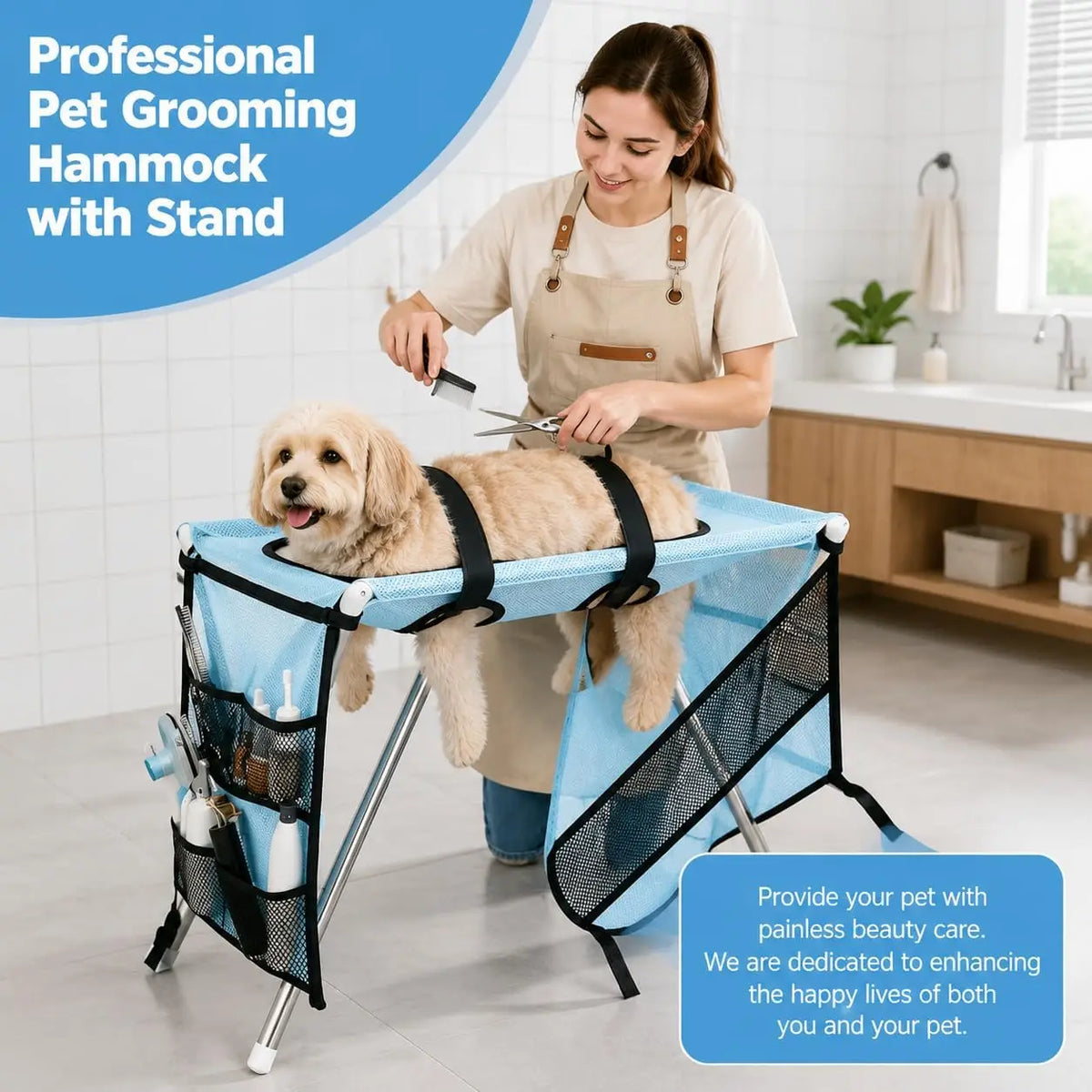 A woman is using a pet grooming hammock with a stand to trim the nails of a golden retriever.