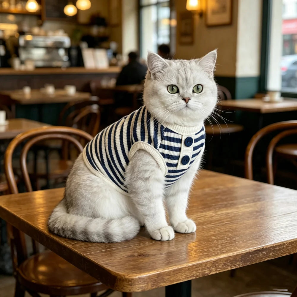 A fluffy grey cat wearing a navy and white striped knitted vest sitting on a wooden table.