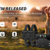 A brown dog stands next to a black dual function wireless dog fence and training collar system.