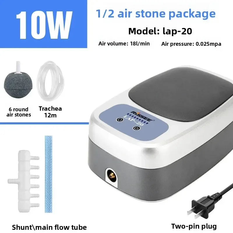 A gray oxygen pump unit with a silver body, showing components like air stones and a shunt tube.