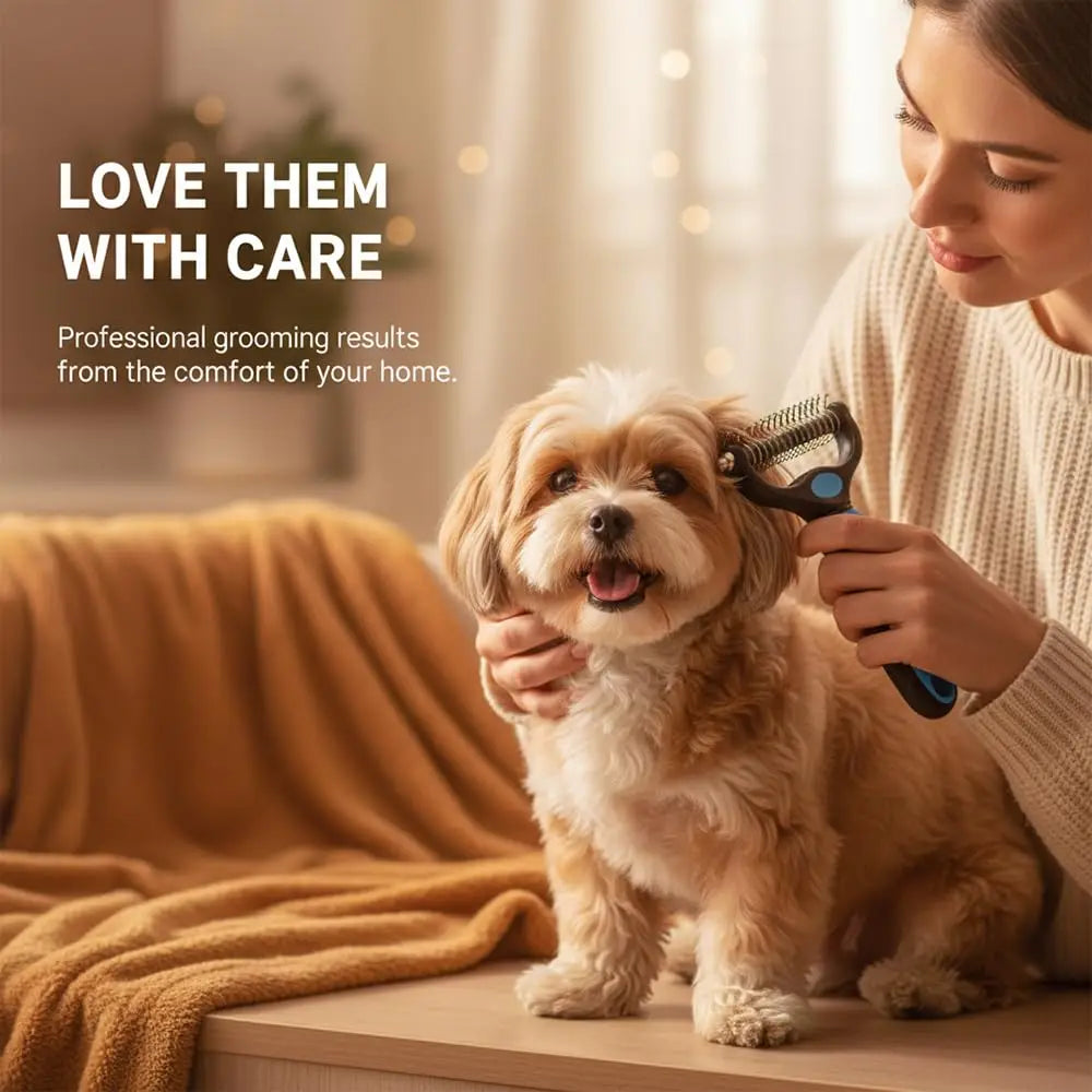 A woman is professionally grooming a light-colored dog with a comb in a warm, indoor setting.