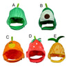 Five adorable fruit-shaped pet hats for cats and dogs in green, avocado, orange, red, and yellow.