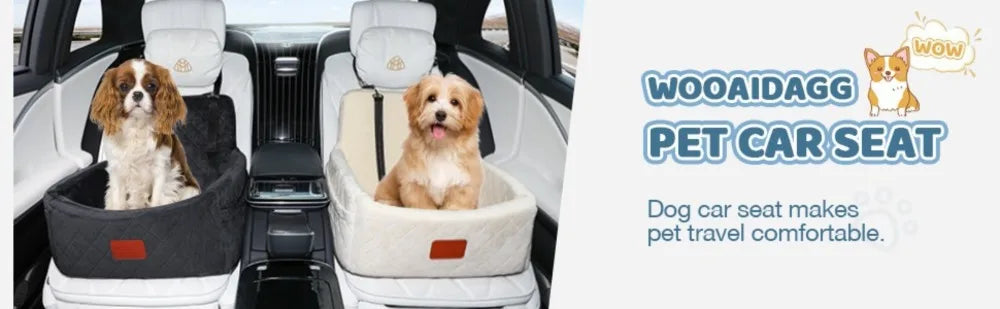 A fluffy golden dog is sitting comfortably in a light-colored pet car seat inside a vehicle.