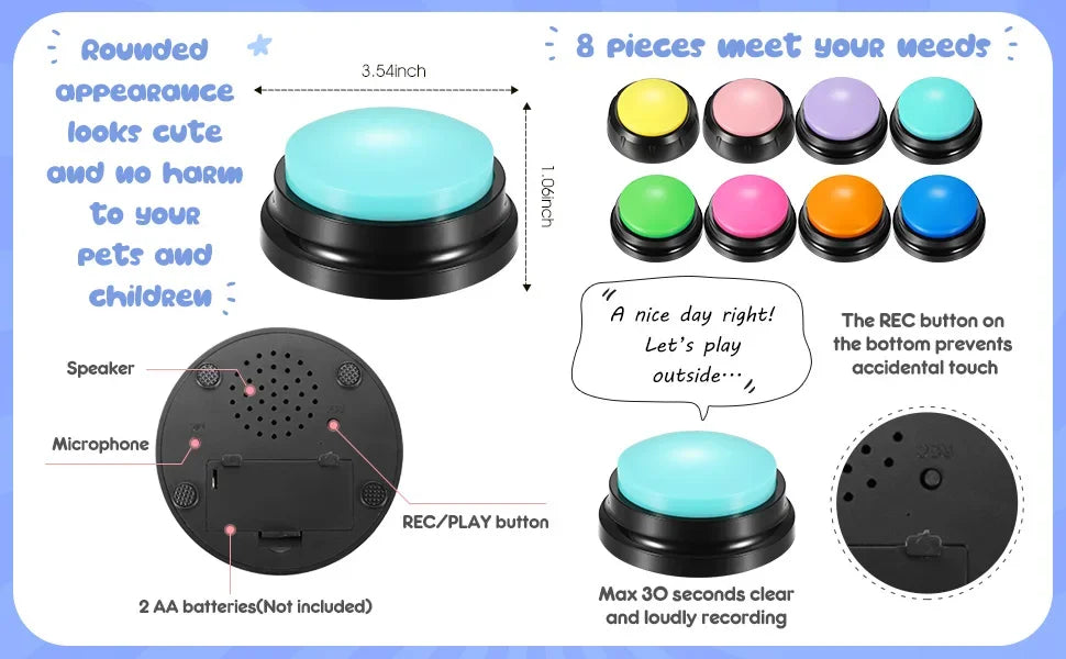 A recordable talking button with 8 colored buttons for dog training and a microphone
