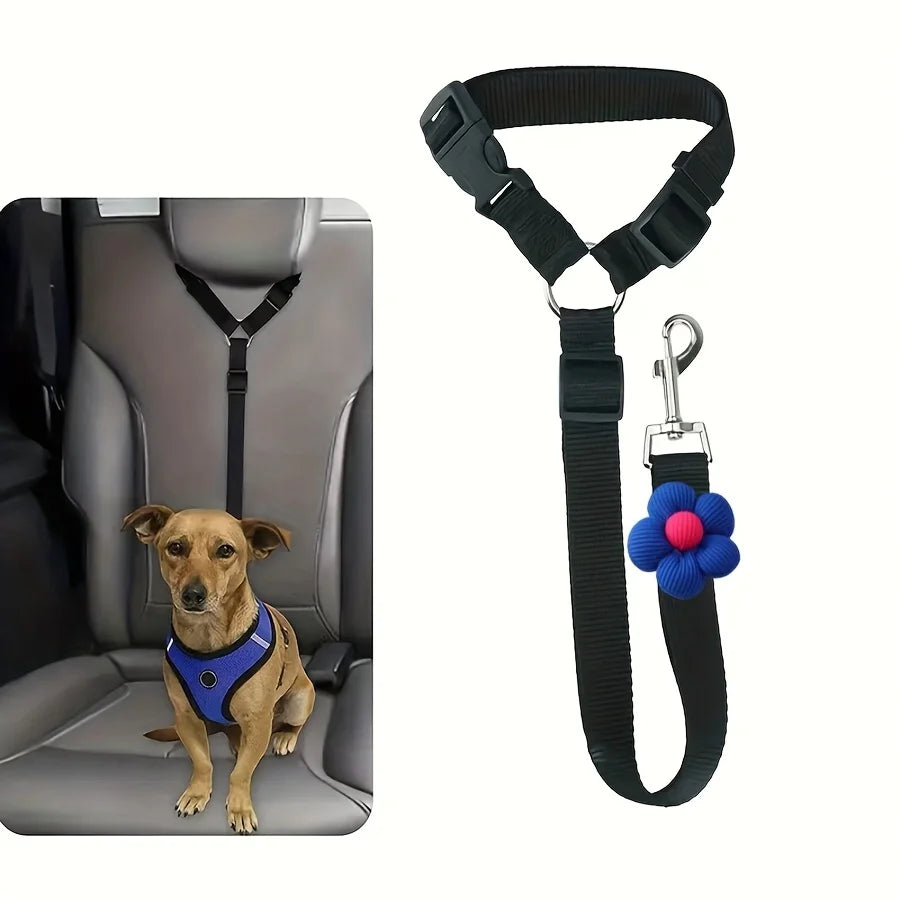 Sangle de sécurité en nylon noir pour voiture avec attache fleur bleue pour chiens