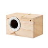 A light wooden hanging birdhouse with a circular entrance hole and a small perch.