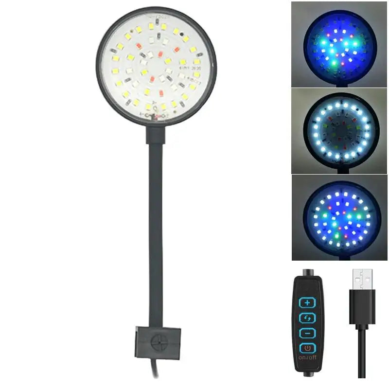A vertical LED aquarium light fixture with multiple modes, showing a bright white light and blue illumination.
