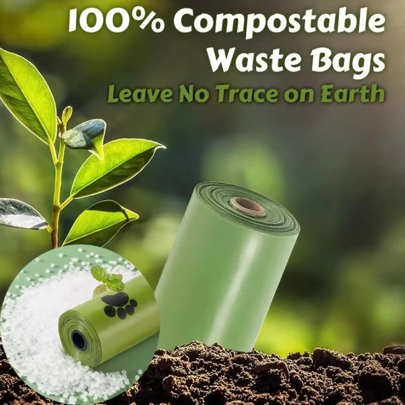 Roll of green compostable waste bags next to white pet poop and soil