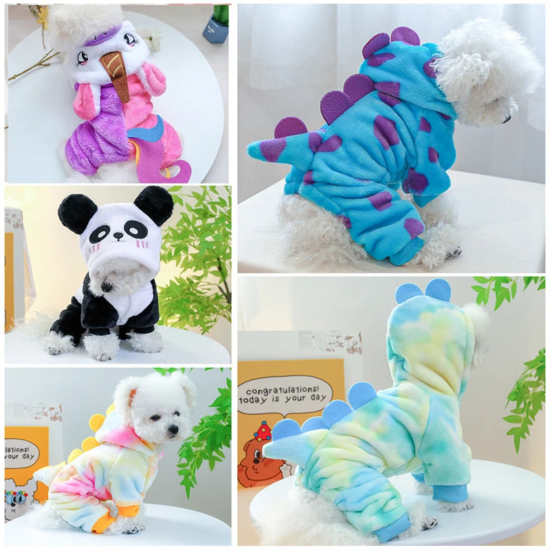 A collection of plush fleece pet overalls in various colors and patterns for dogs and cats.