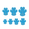 A pack of four blue anti-slip dog paw grips labeled XL, XXL, XXXL, and L.