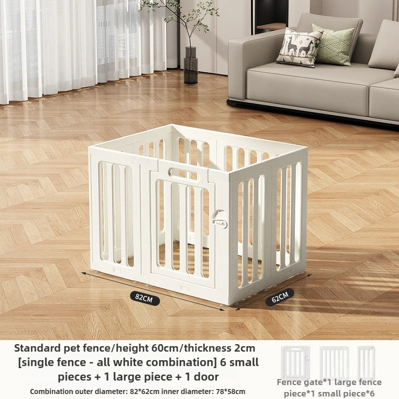 White pet fence cage with a door and bars shown on a wooden floor.