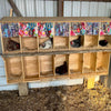 A wooden nesting box with colorful fabric liners for chicken coops is shown above a floor of wood shavings.