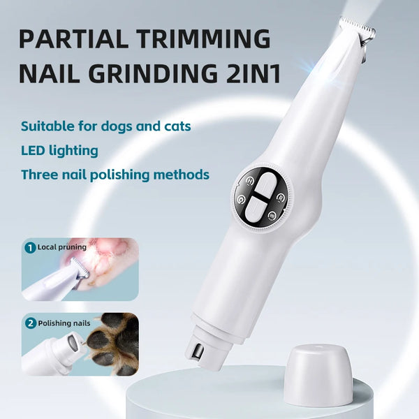 A white 2-in-1 electric dog nail grinder and partial trimming tool is shown with various attachments.