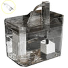 A clear automatic USB cat water fountain with a visible water stream and a white pump component.