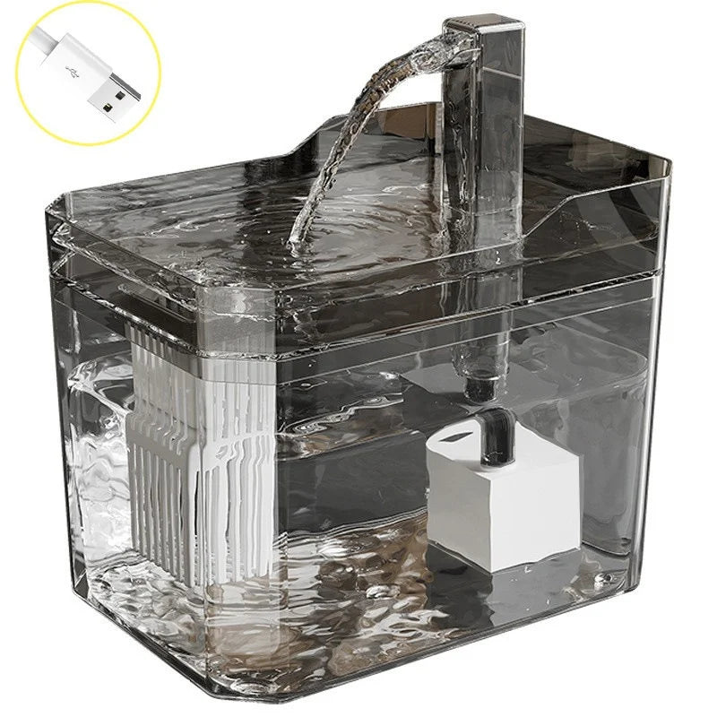 A clear automatic USB cat water fountain with a visible water stream and a white pump component.