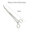 Stainless steel elbow hemostat forceps shown in a diagonal view.