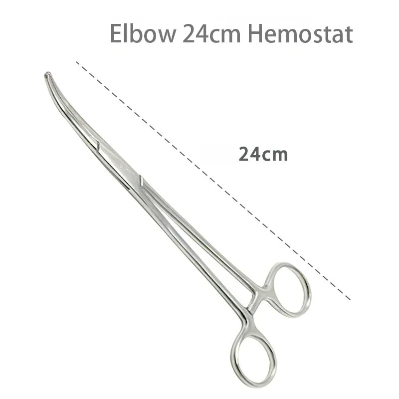 Stainless steel elbow hemostat forceps shown in a diagonal view.