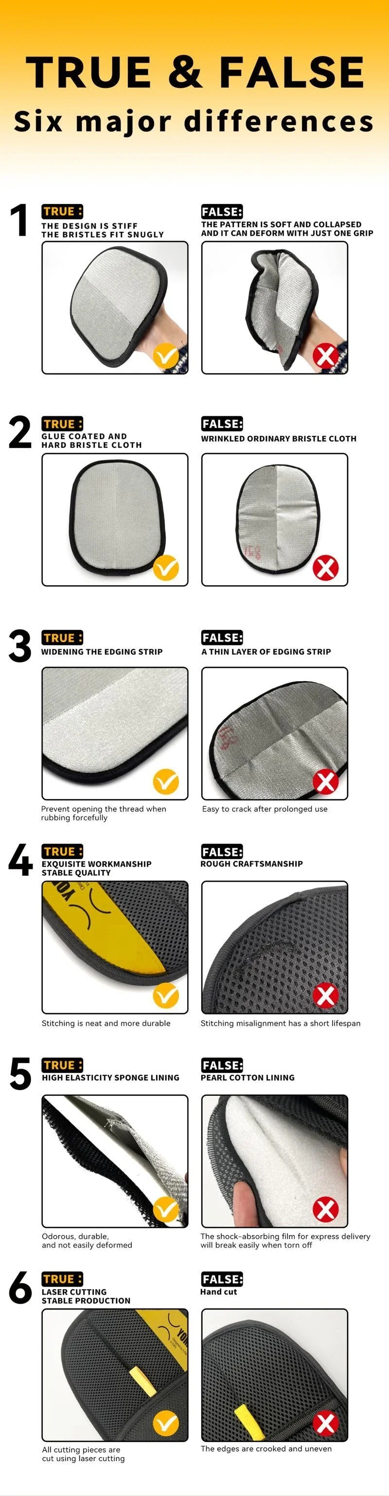 Comparison chart showing six true and false differences between pet hair remover gloves