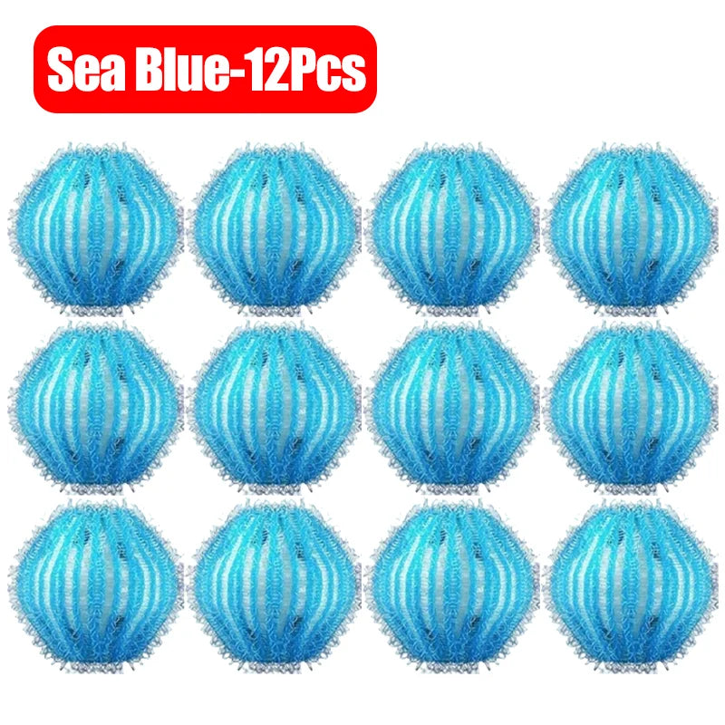 Twelve blue reusable lint catchers with a fluffy texture.