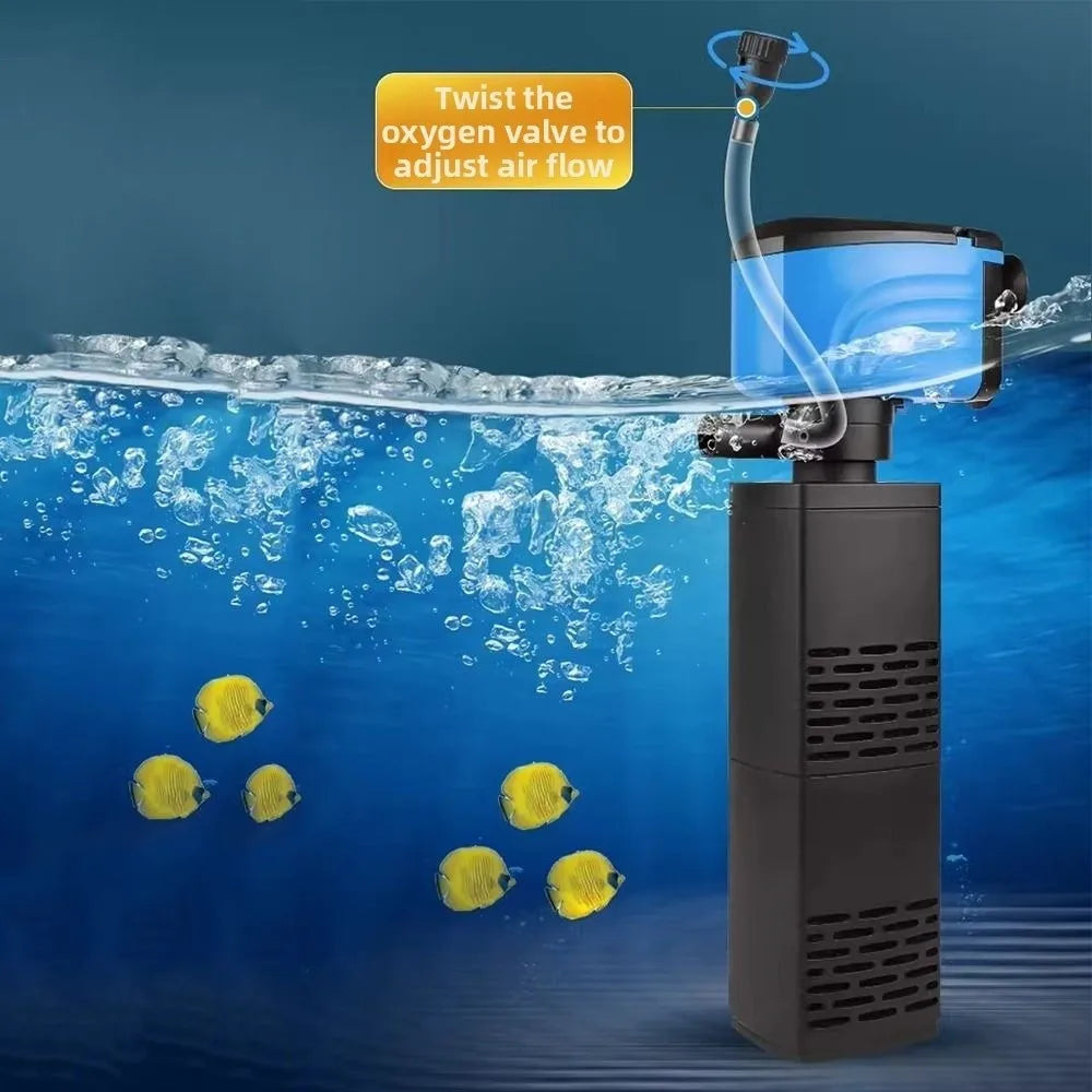A black aquarium water circulation pump is shown with an oxygen valve, submerged underwater near yellow fish.
