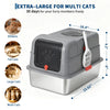 A stainless steel enclosed litter box for multiple cats, shown with various cat breeds and sizes.