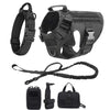 Black tactical dog harness with collar and MOLLE pouches shown in various configurations.