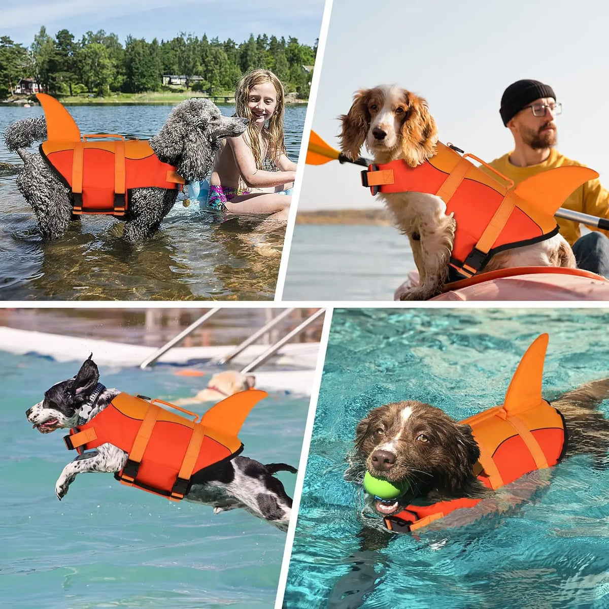 Orange dog life jackets for swimming and water activities on dogs
