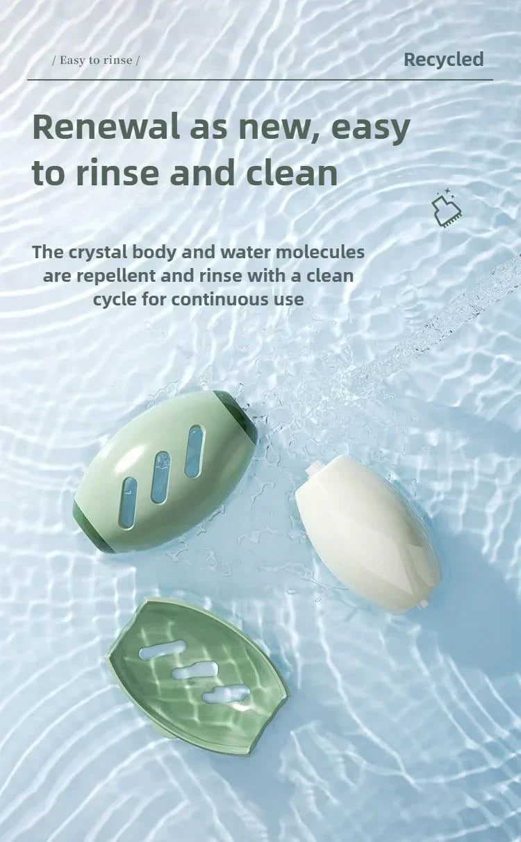 Three reusable pet hair remover rollers in various shades of green and white floating in clear water.