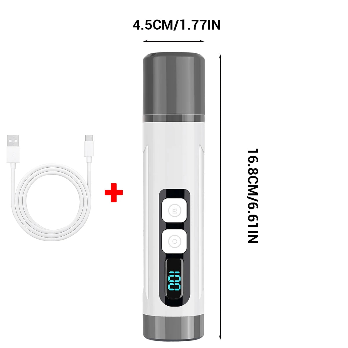A vertical view of a silver and white rechargeable electric pet nail grinder with an LED light, showing its dimensions.