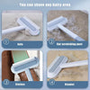 A pet hair remover brush is shown being used to clean various surfaces including sofa, cat scratching posts, clothes, and bla