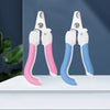 A pair of white and blue stainless steel pet nail clippers for dog and cat grooming displayed on a white surface.