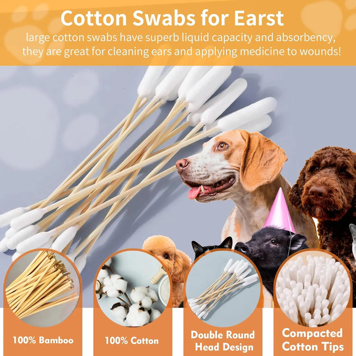 A bundle of long cotton swabs and various cotton tips are shown next to dogs.