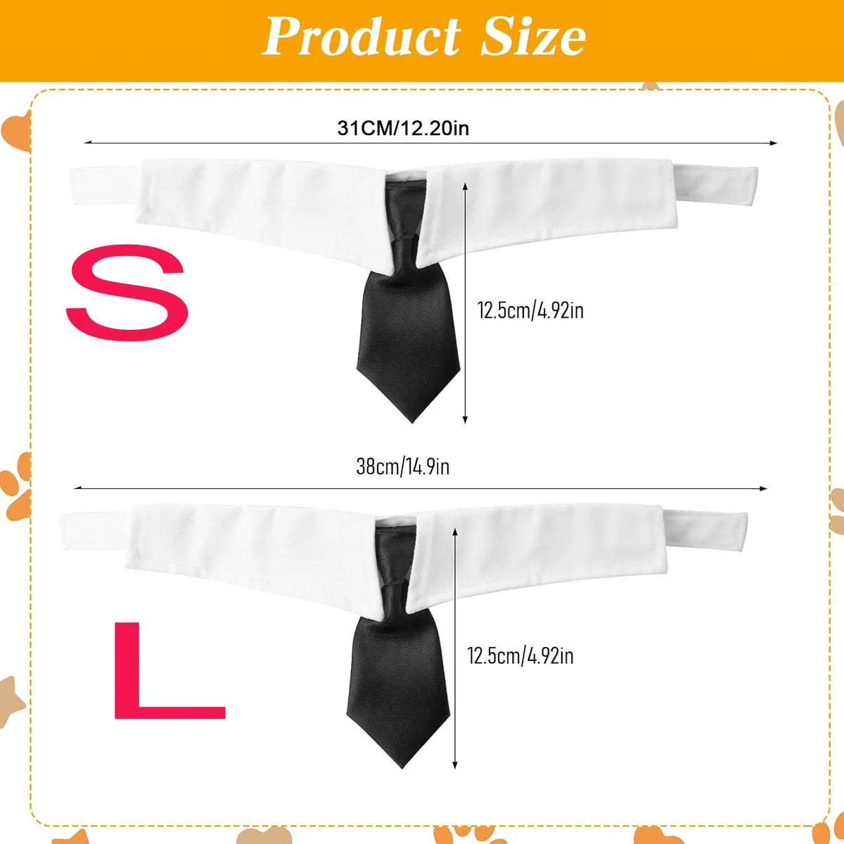 Comparison of small dog bow tie collars labeled S and L sizes, showing dimensions.