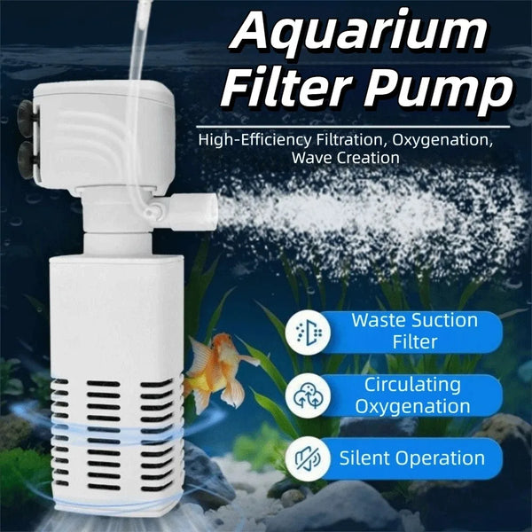 White aquarium filter pump with a suction outlet and aeration nozzle, shown in an aquatic environment.